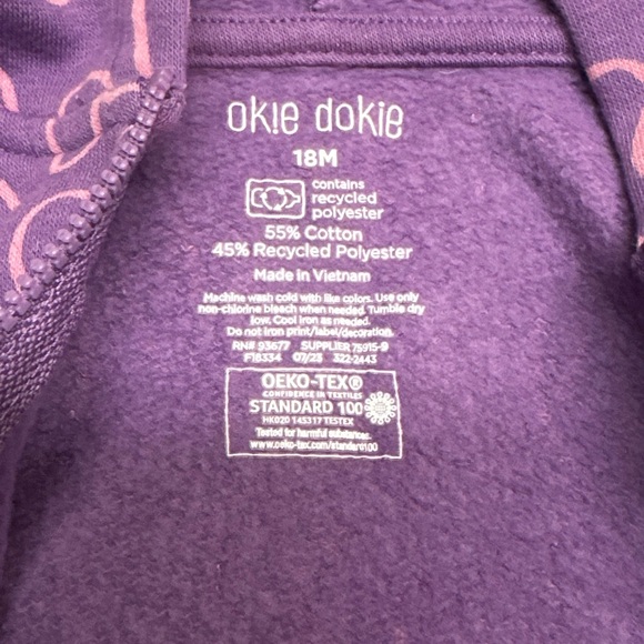 Okie dokie LIKE NEW girls purple/pink heart zip up fleece lined jacket-18m - Picture 2 of 3